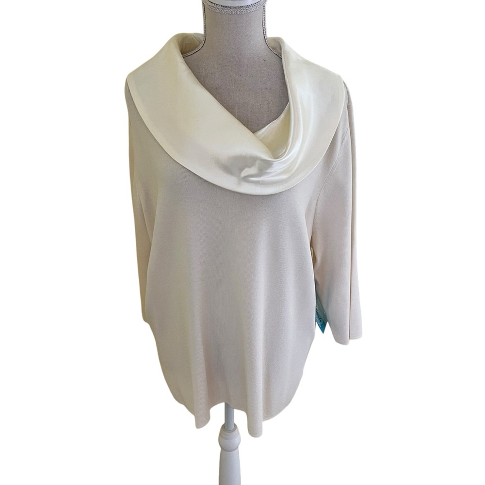 Designer Originals Cream Knit 3/4 Sleeve Top with Satin Cowl Neck 2X